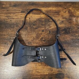 Black Textured Leather Belt with Buckles